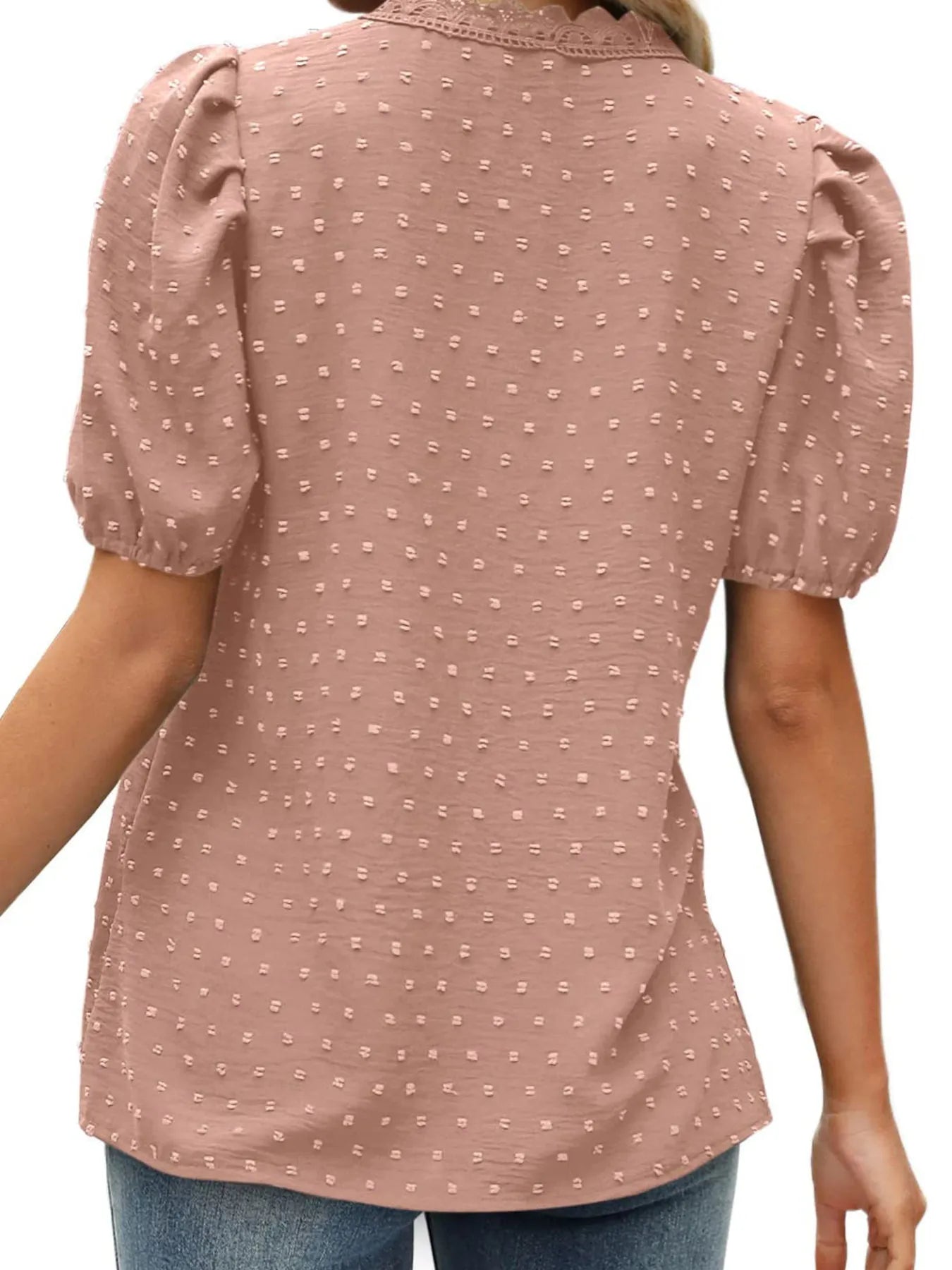 Puff Sleeve Swiss Dot Lace Trim Blouse - Premium Tops & Blouses from Trendsi - Just $22.99! Shop now at 5th & Barnett Online Boutique