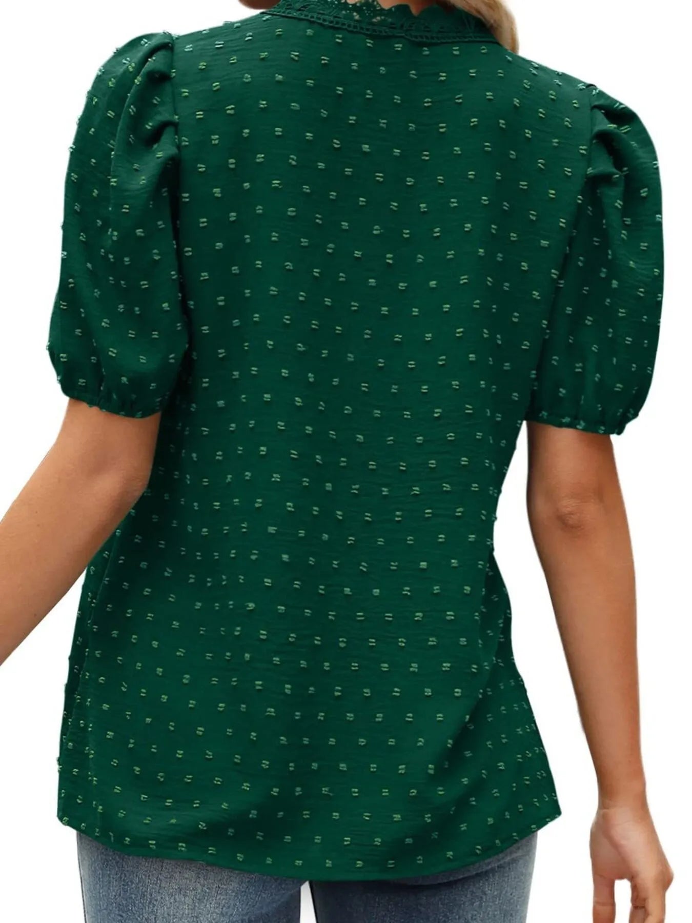 Puff Sleeve Swiss Dot Lace Trim Blouse - Premium Tops & Blouses from Trendsi - Just $22.99! Shop now at 5th & Barnett Online Boutique