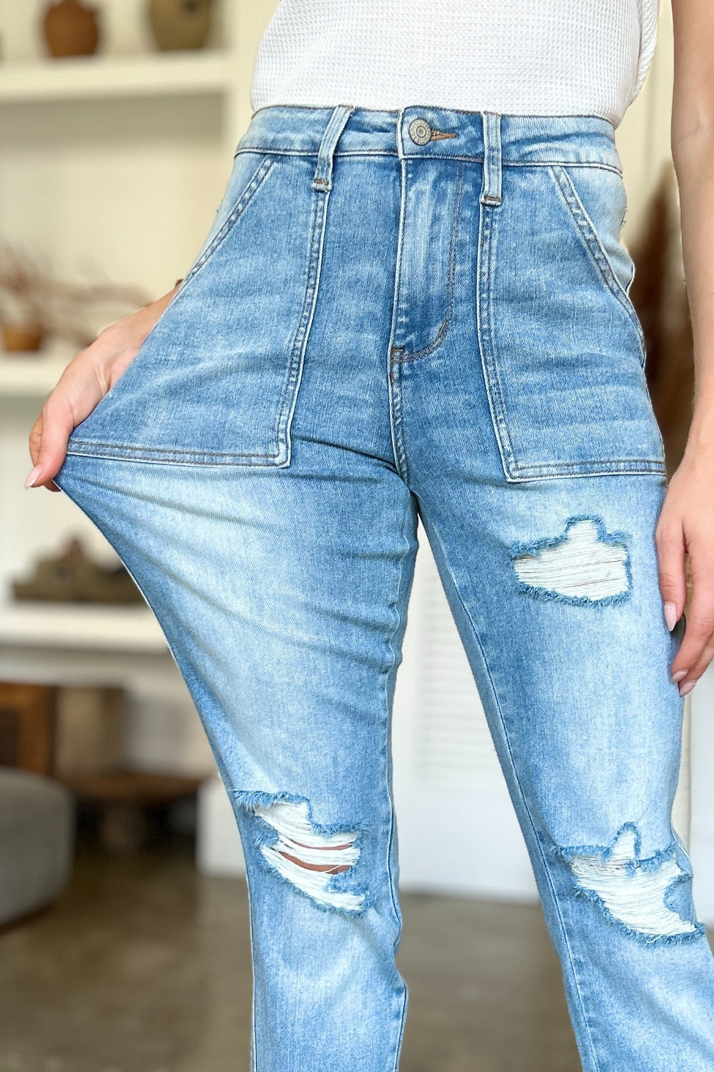 Judy Blue Distressed Straight Jeans with Patch Pockets - Premium Jeans from 5th & Barnett Online Boutique - Just $46.99! Shop now at 5th & Barnett Online Boutique