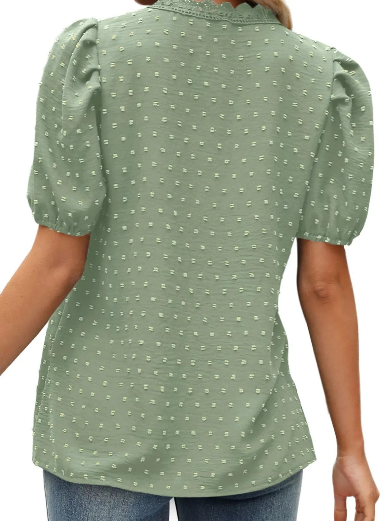 Puff Sleeve Swiss Dot Lace Trim Blouse - Premium Tops & Blouses from Trendsi - Just $22.99! Shop now at 5th & Barnett Online Boutique