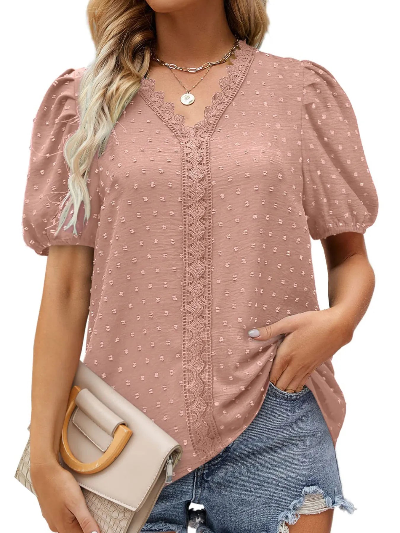 Puff Sleeve Swiss Dot Lace Trim Blouse - Premium Tops & Blouses from Trendsi - Just $22.99! Shop now at 5th & Barnett Online Boutique
