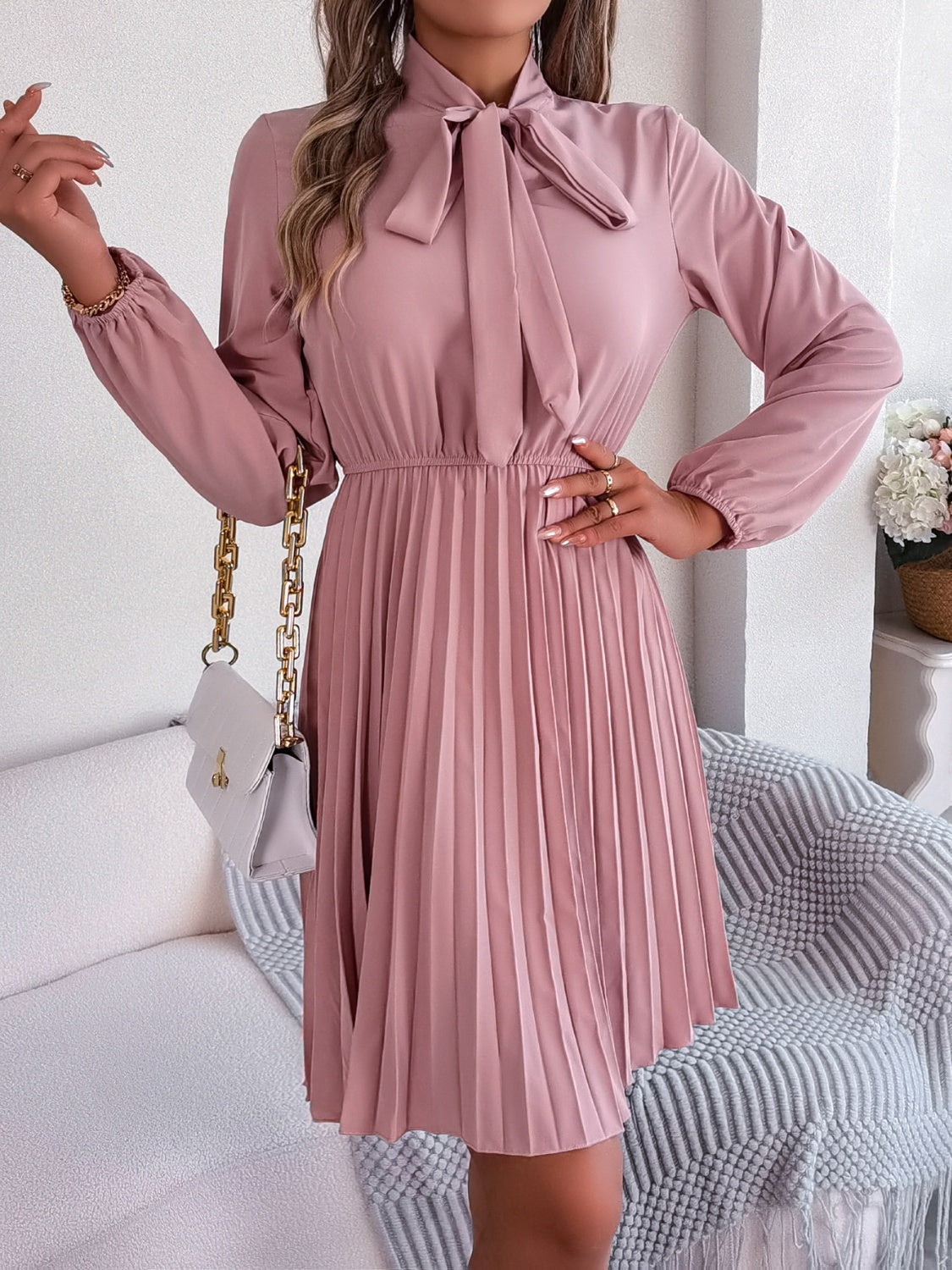 Tie Neck Balloon Sleeve Pleated Dress - Premium Women's Clothing from 5th & Barnett Online Boutique - Just $25.99! Shop now at 5th & Barnett Online Boutique