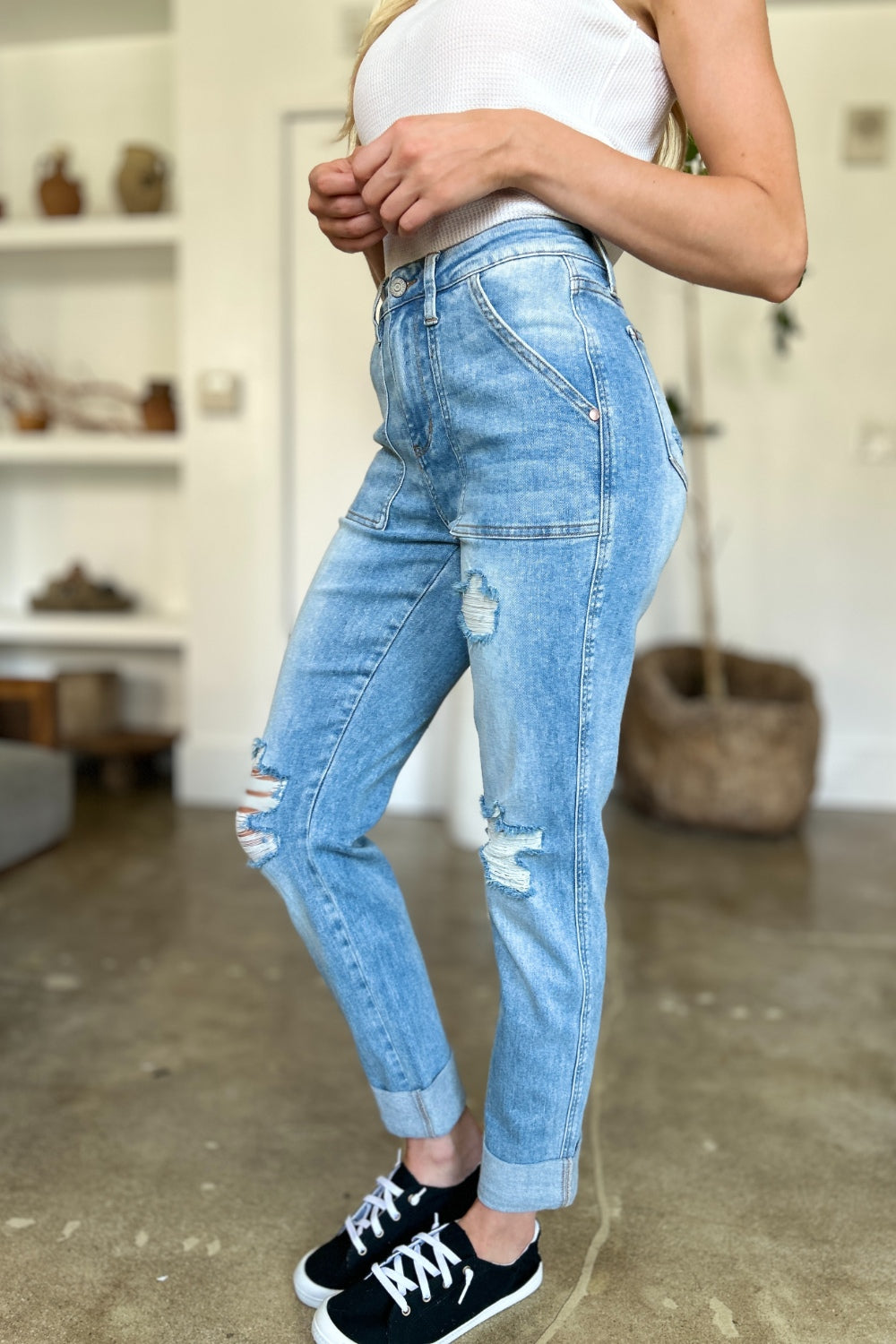 Judy Blue Distressed Straight Jeans with Patch Pockets - Premium Jeans from 5th & Barnett Online Boutique - Just $46.99! Shop now at 5th & Barnett Online Boutique