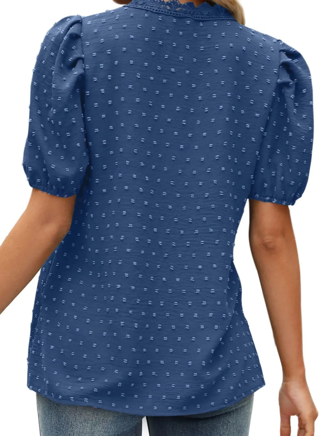 Puff Sleeve Swiss Dot Lace Trim Blouse - Premium Tops & Blouses from Trendsi - Just $22.99! Shop now at 5th & Barnett Online Boutique
