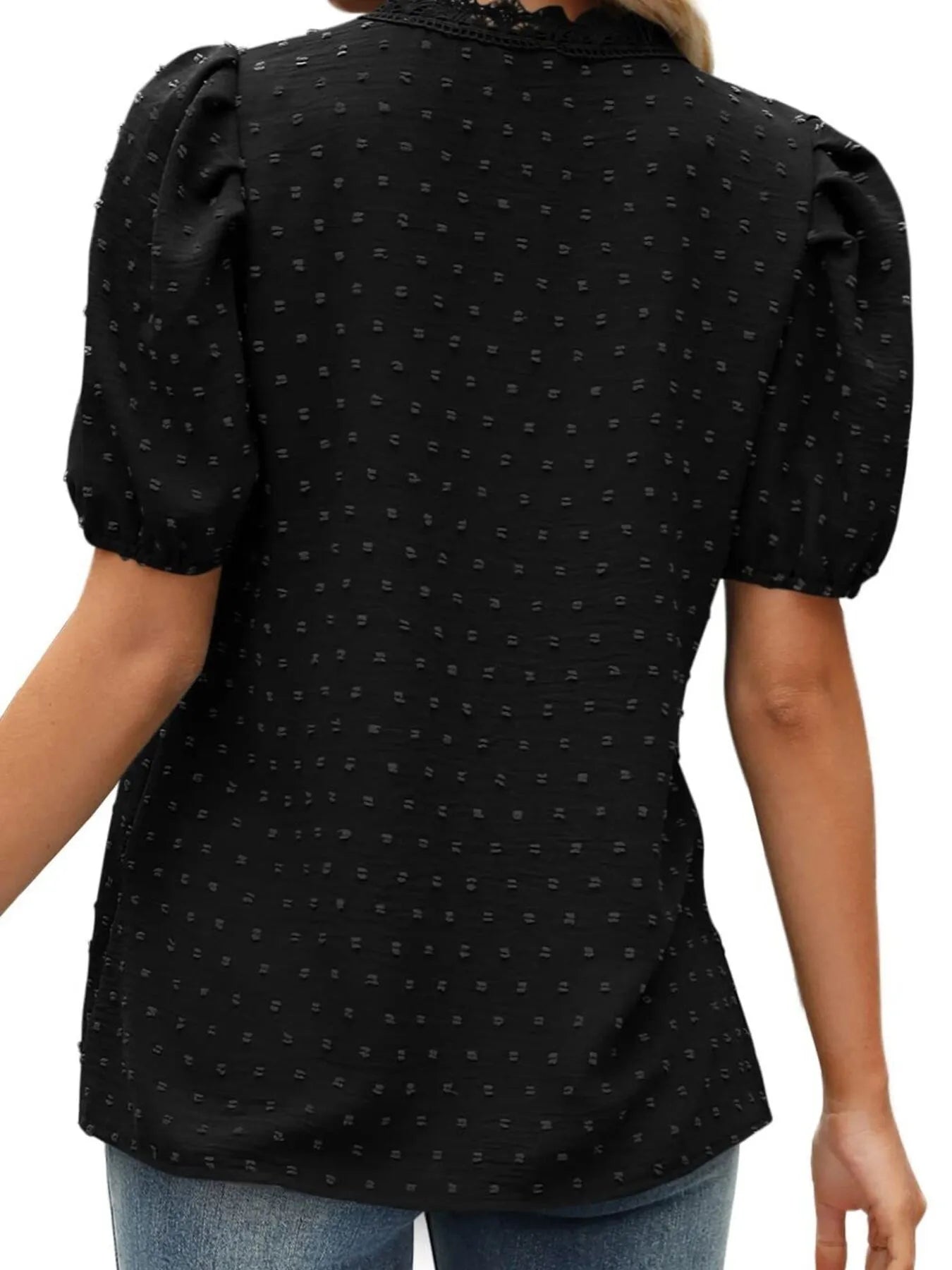 Puff Sleeve Swiss Dot Lace Trim Blouse - Premium Tops & Blouses from Trendsi - Just $22.99! Shop now at 5th & Barnett Online Boutique