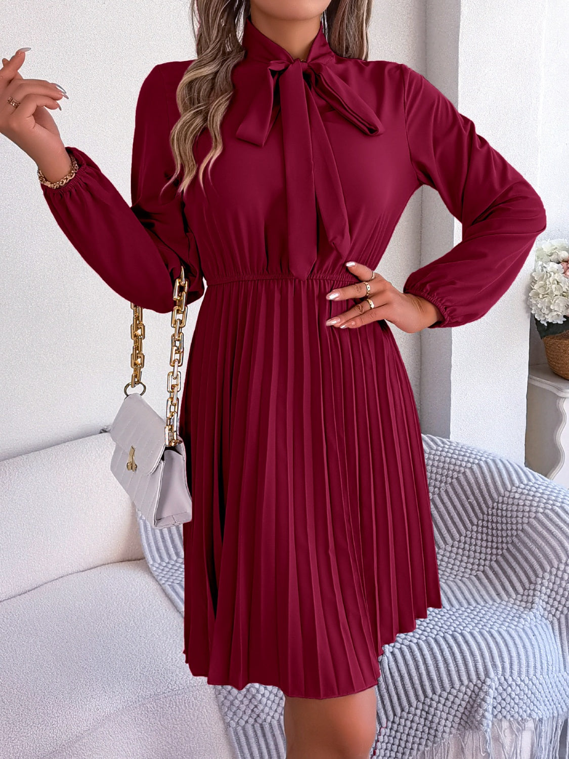 Tie Neck Balloon Sleeve Pleated Dress - Premium Women's Clothing from 5th & Barnett Online Boutique - Just $25.99! Shop now at 5th & Barnett Online Boutique
