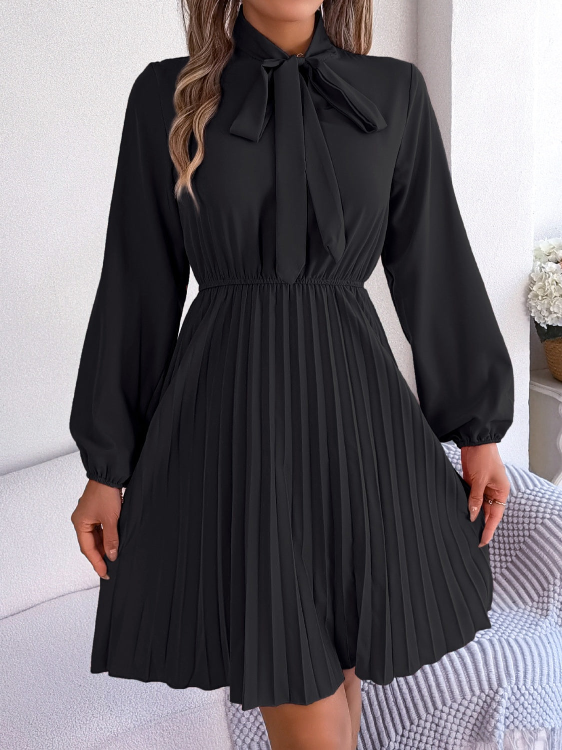Tie Neck Balloon Sleeve Pleated Dress - Premium Women's Clothing from 5th & Barnett Online Boutique - Just $25.99! Shop now at 5th & Barnett Online Boutique