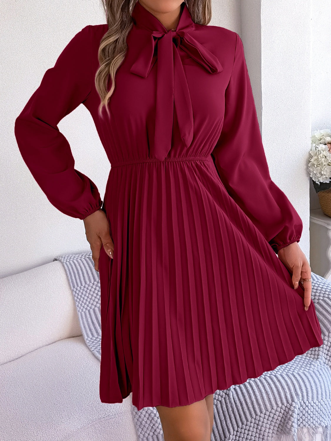 Tie Neck Balloon Sleeve Pleated Dress - Premium Women's Clothing from 5th & Barnett Online Boutique - Just $25.99! Shop now at 5th & Barnett Online Boutique