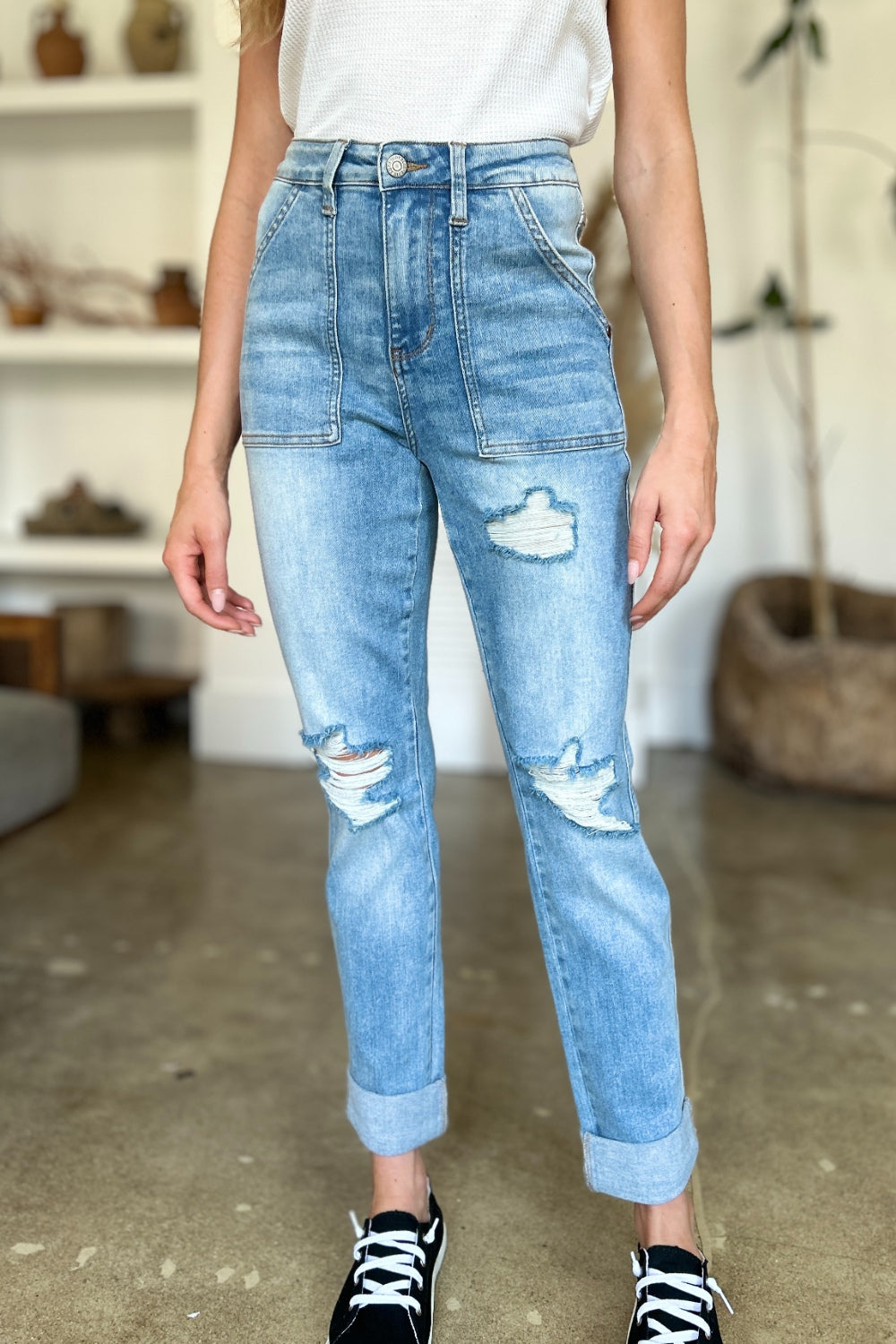 Judy Blue Distressed Straight Jeans with Patch Pockets - Premium Jeans from 5th & Barnett Online Boutique - Just $46.99! Shop now at 5th & Barnett Online Boutique