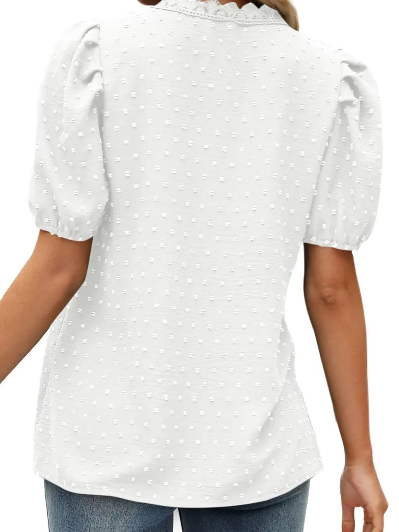 Puff Sleeve Swiss Dot Lace Trim Blouse - Premium Tops & Blouses from Trendsi - Just $22.99! Shop now at 5th & Barnett Online Boutique