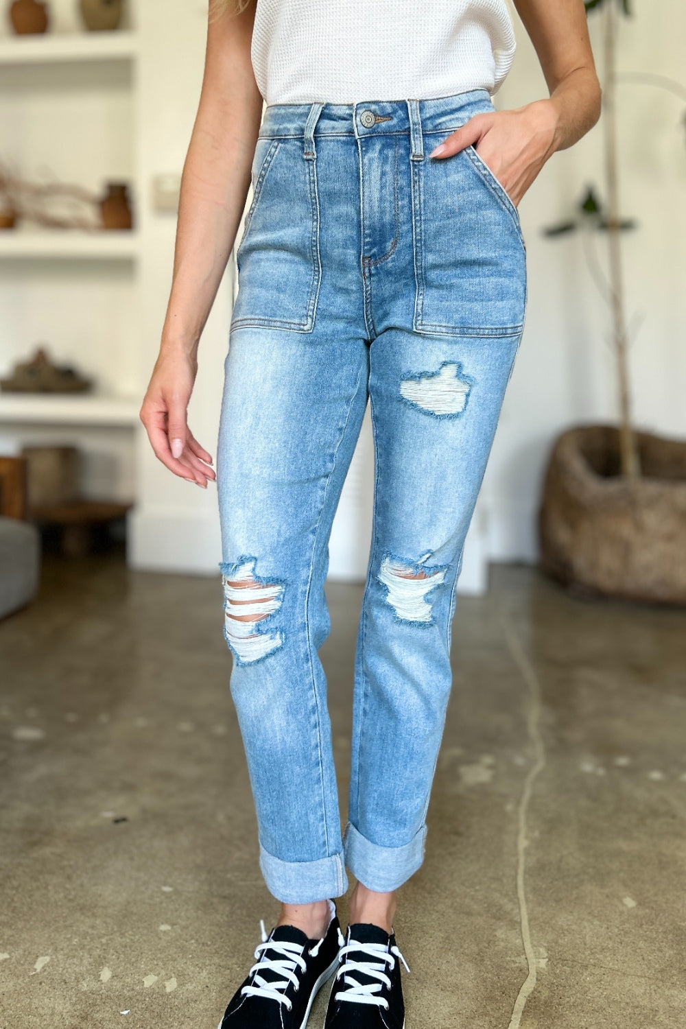Judy Blue Distressed Straight Jeans with Patch Pockets - Premium Jeans from 5th & Barnett Online Boutique - Just $46.99! Shop now at 5th & Barnett Online Boutique
