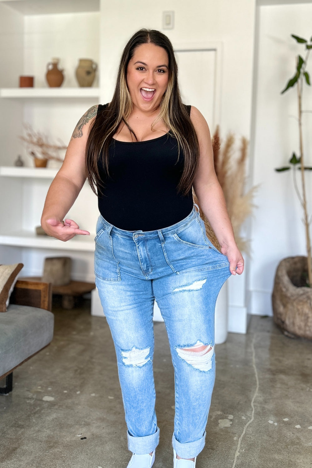 Judy Blue Distressed Straight Jeans with Patch Pockets - Premium Jeans from 5th & Barnett Online Boutique - Just $46.99! Shop now at 5th & Barnett Online Boutique