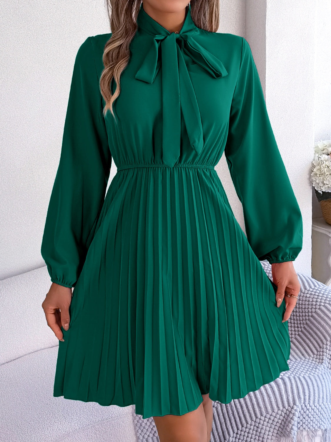 Tie Neck Balloon Sleeve Pleated Dress - Premium Women's Clothing from 5th & Barnett Online Boutique - Just $25.99! Shop now at 5th & Barnett Online Boutique