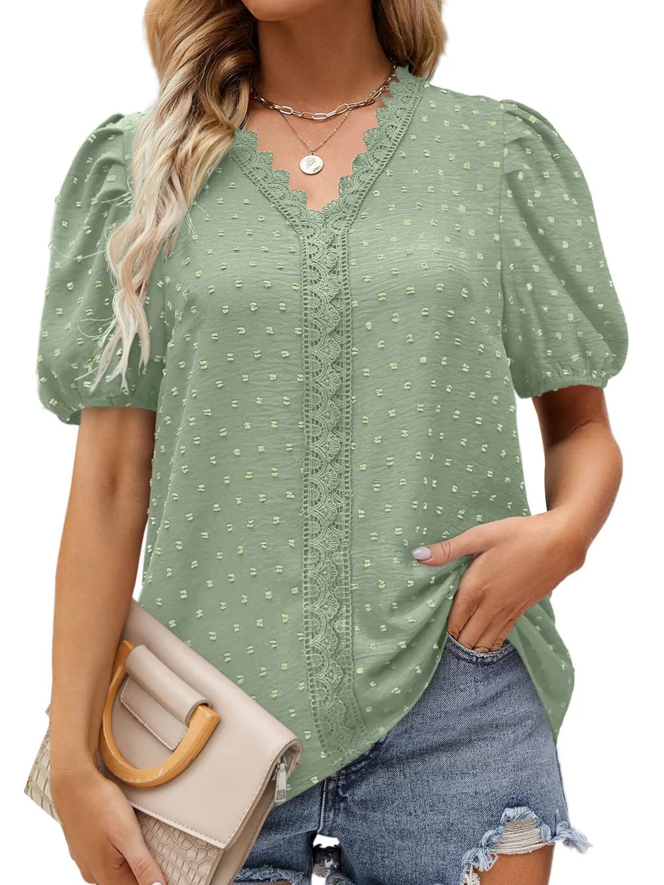 Puff Sleeve Swiss Dot Lace Trim Blouse - Premium Tops & Blouses from Trendsi - Just $22.99! Shop now at 5th & Barnett Online Boutique