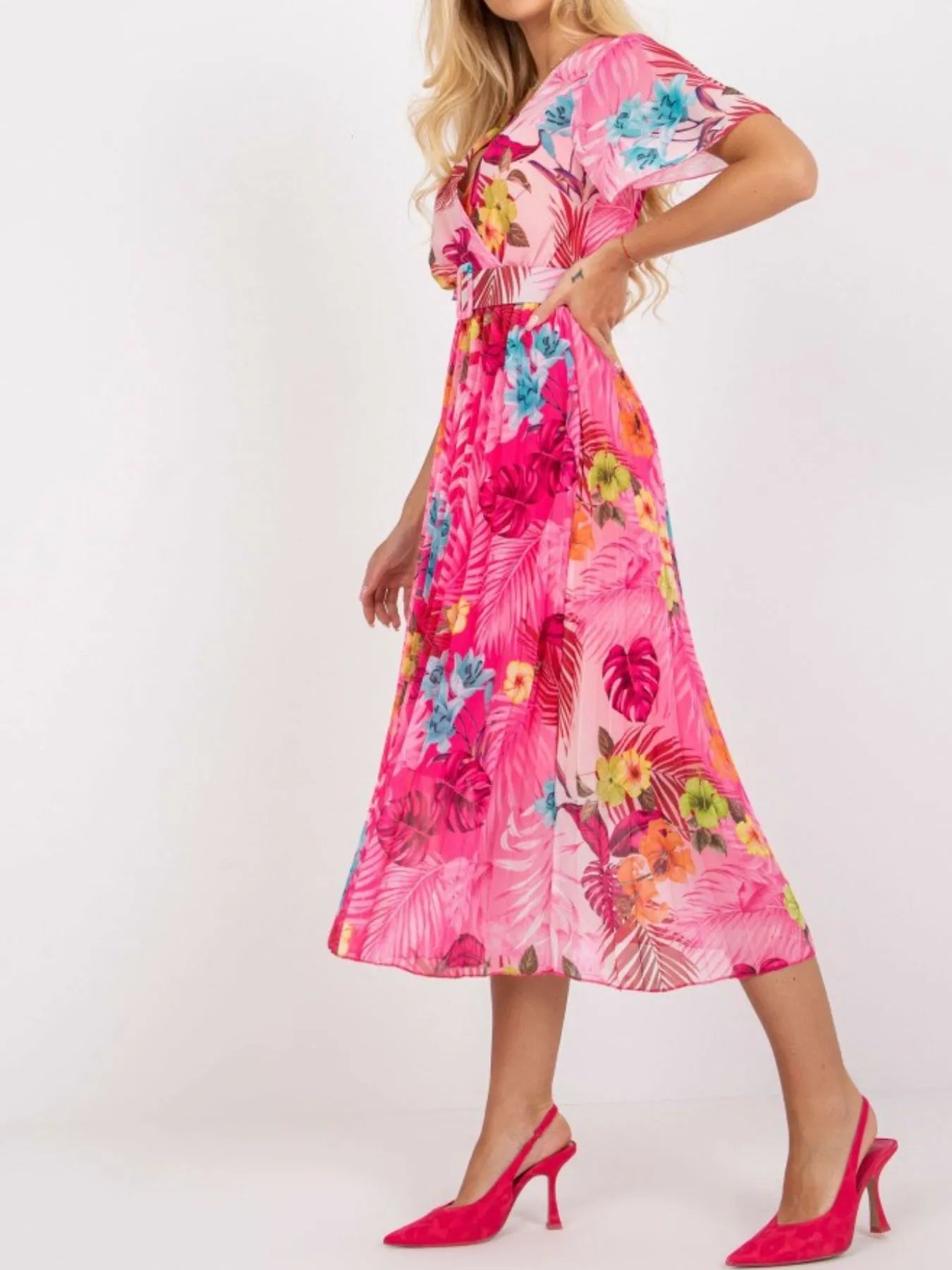 Printed Pleated Midi Wrap Dress with Belt - Premium Dresses from Trendsi - Just $32.99! Shop now at 5th & Barnett Online Boutique