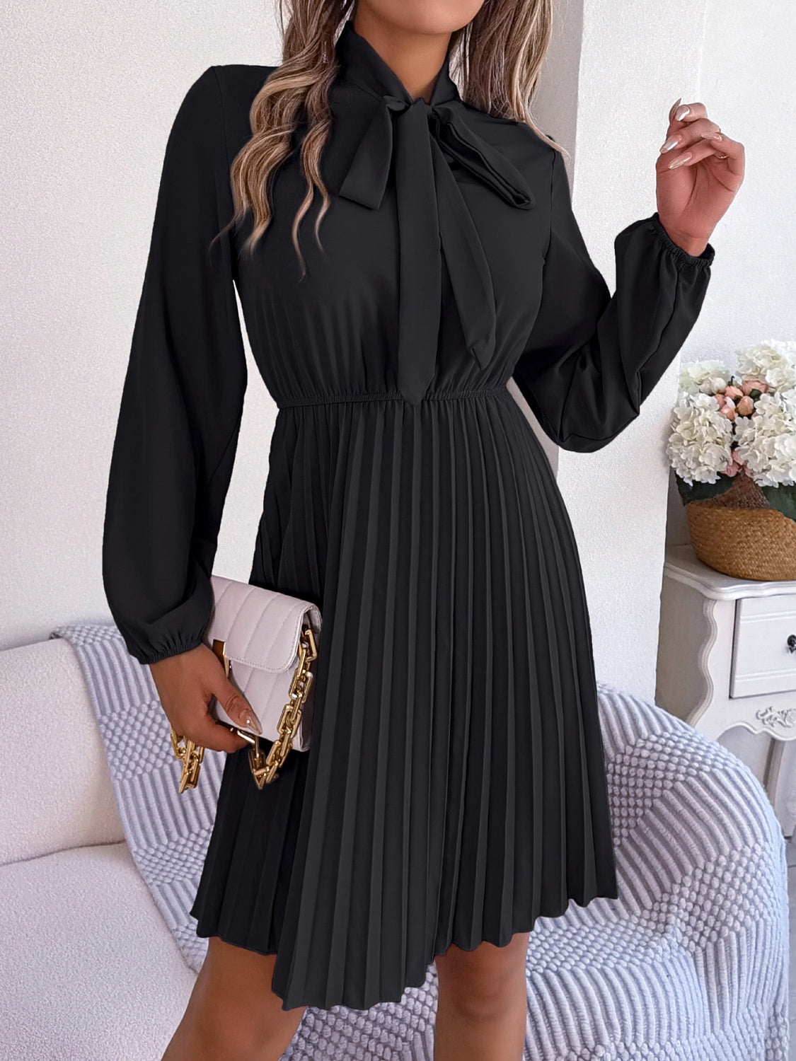 Tie Neck Balloon Sleeve Pleated Dress - Premium Women's Clothing from 5th & Barnett Online Boutique - Just $25.99! Shop now at 5th & Barnett Online Boutique