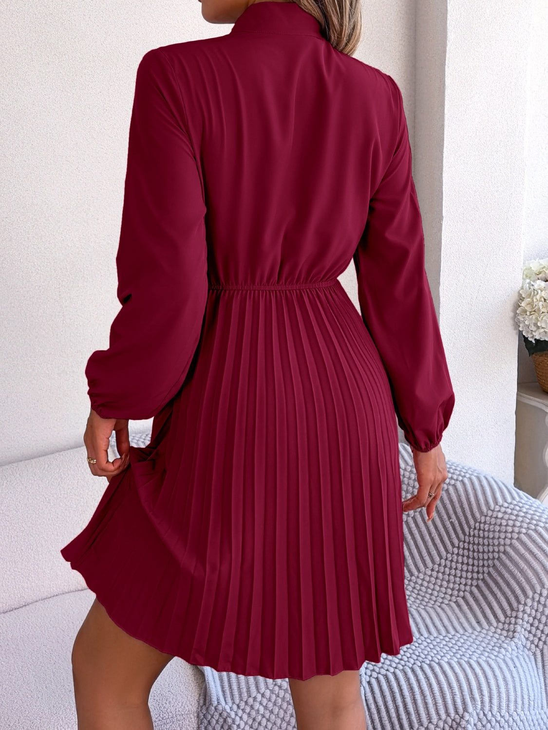 Tie Neck Balloon Sleeve Pleated Dress - Premium Women's Clothing from 5th & Barnett Online Boutique - Just $25.99! Shop now at 5th & Barnett Online Boutique