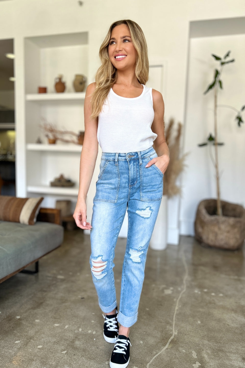 Judy Blue Distressed Straight Jeans with Patch Pockets - Premium Jeans from 5th & Barnett Online Boutique - Just $46.99! Shop now at 5th & Barnett Online Boutique