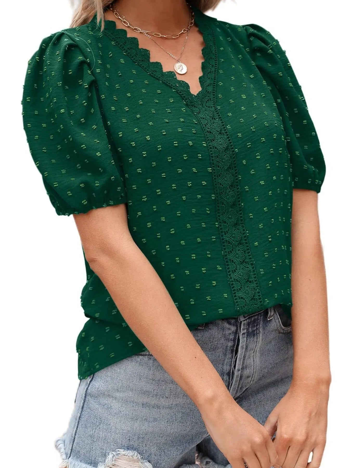 Puff Sleeve Swiss Dot Lace Trim Blouse - Premium Tops & Blouses from Trendsi - Just $22.99! Shop now at 5th & Barnett Online Boutique