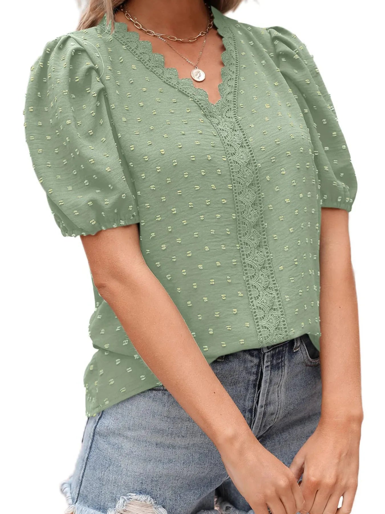Puff Sleeve Swiss Dot Lace Trim Blouse - Premium Tops & Blouses from Trendsi - Just $22.99! Shop now at 5th & Barnett Online Boutique