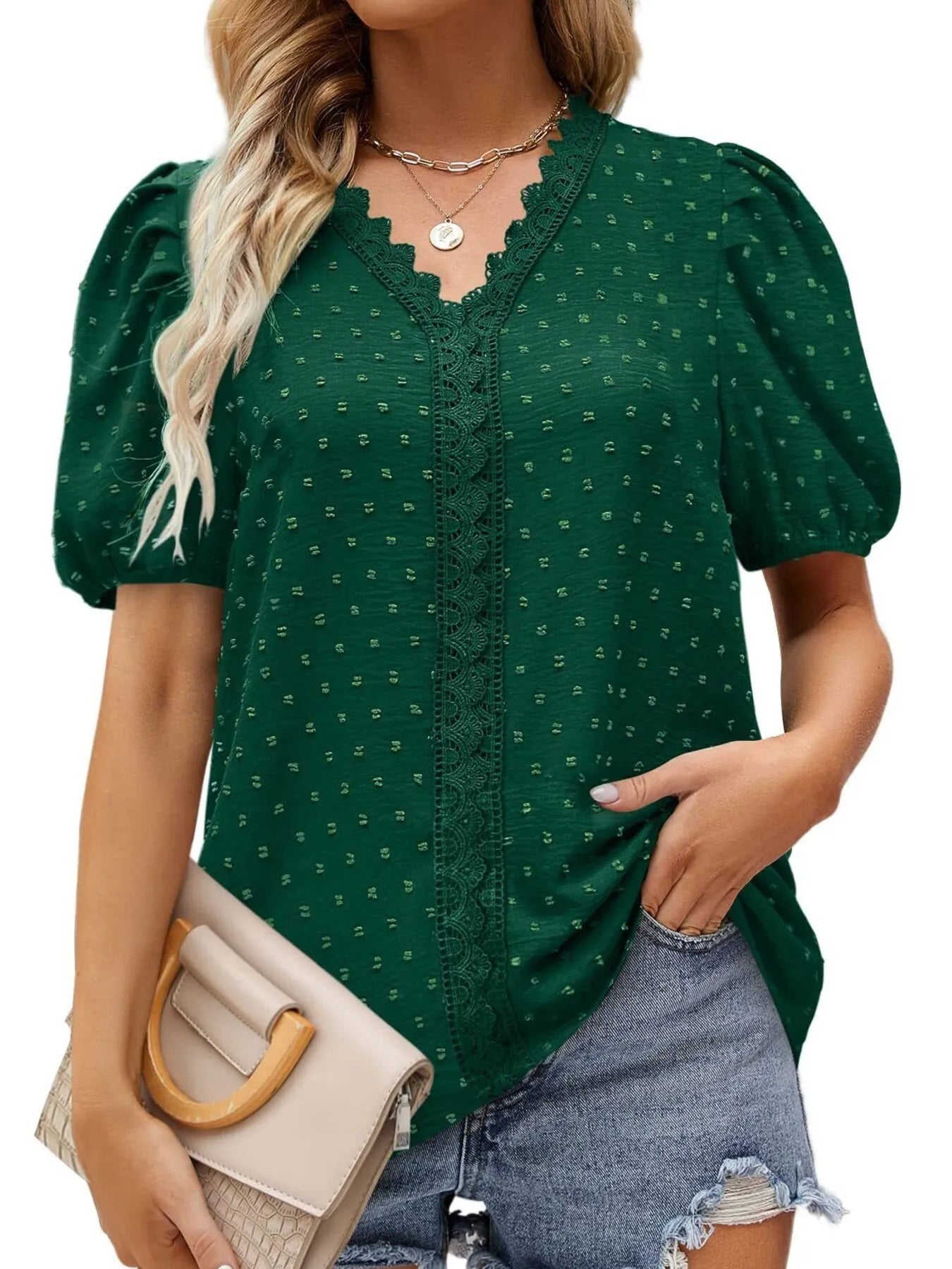 Puff Sleeve Swiss Dot Lace Trim Blouse - Premium Tops & Blouses from Trendsi - Just $22.99! Shop now at 5th & Barnett Online Boutique