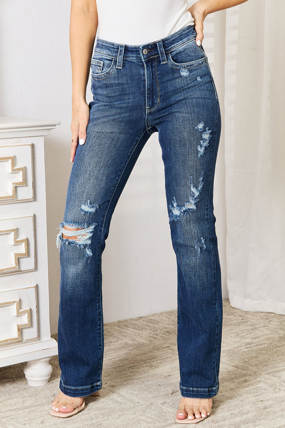 Judy Blue Full Size Mid Rise Hand Sand & Destroy Bootcut Jeans - Premium Jeans from Trendsi - Just $46.99! Shop now at 5th & Barnett Online Boutique