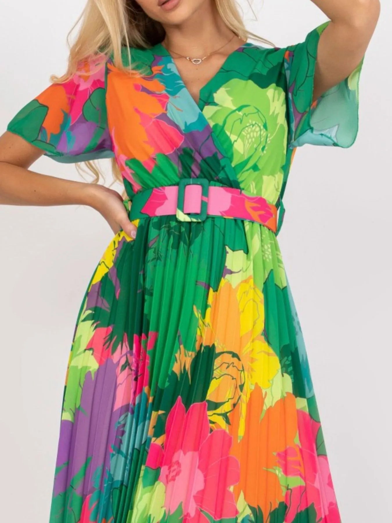 Printed Pleated Midi Wrap Dress with Belt - Premium Dresses from Trendsi - Just $32.99! Shop now at 5th & Barnett Online Boutique