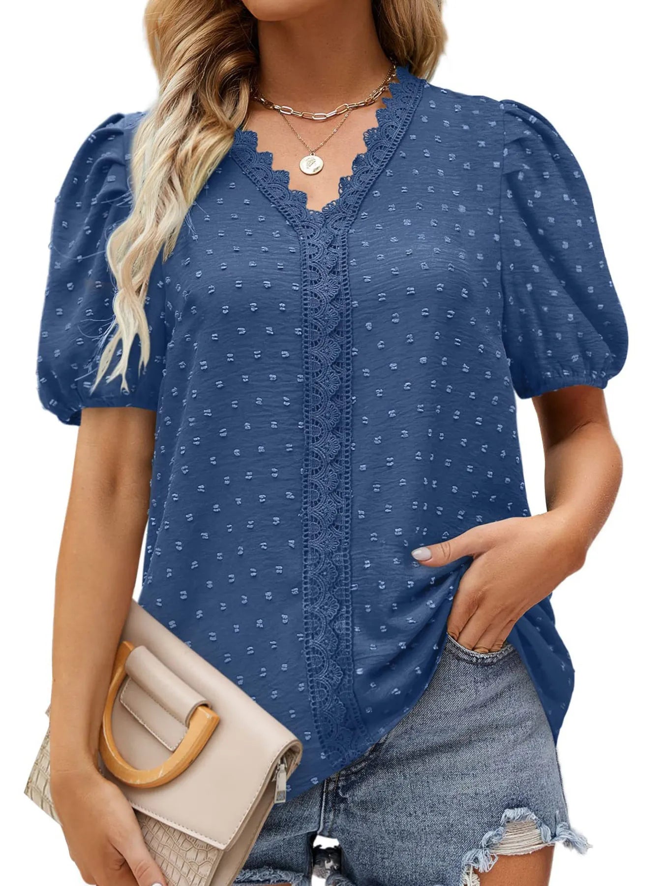 Puff Sleeve Swiss Dot Lace Trim Blouse - Premium Tops & Blouses from Trendsi - Just $22.99! Shop now at 5th & Barnett Online Boutique