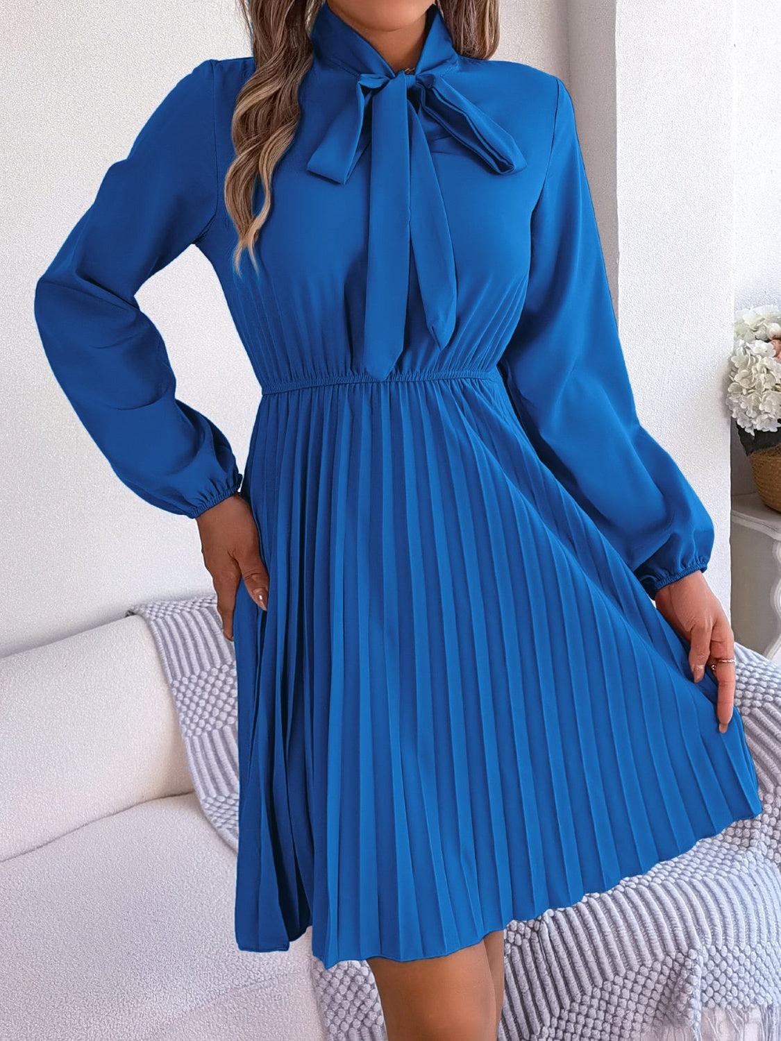 Tie Neck Balloon Sleeve Pleated Dress - Premium Women's Clothing from 5th & Barnett Online Boutique - Just $25.99! Shop now at 5th & Barnett Online Boutique