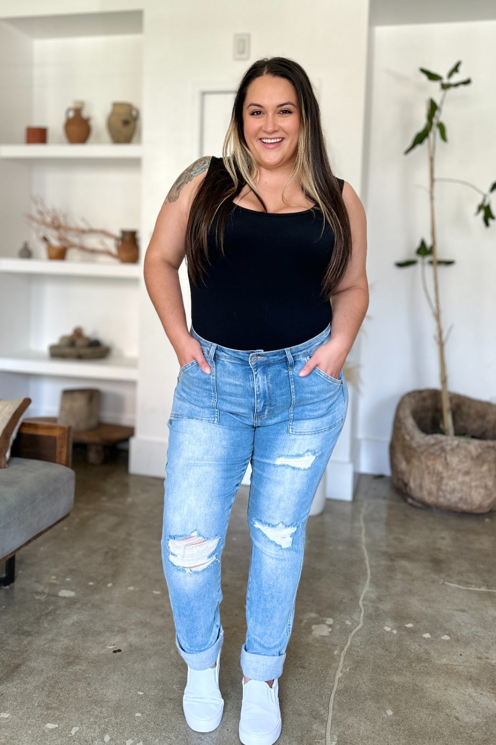 Judy Blue Distressed Straight Jeans with Patch Pockets - Premium Jeans from 5th & Barnett Online Boutique - Just $46.99! Shop now at 5th & Barnett Online Boutique