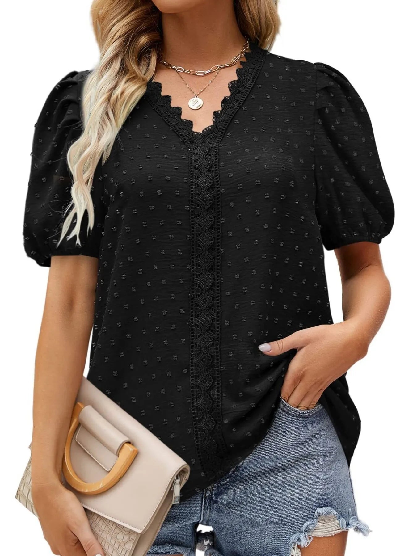 Puff Sleeve Swiss Dot Lace Trim Blouse - Premium Tops & Blouses from Trendsi - Just $22.99! Shop now at 5th & Barnett Online Boutique