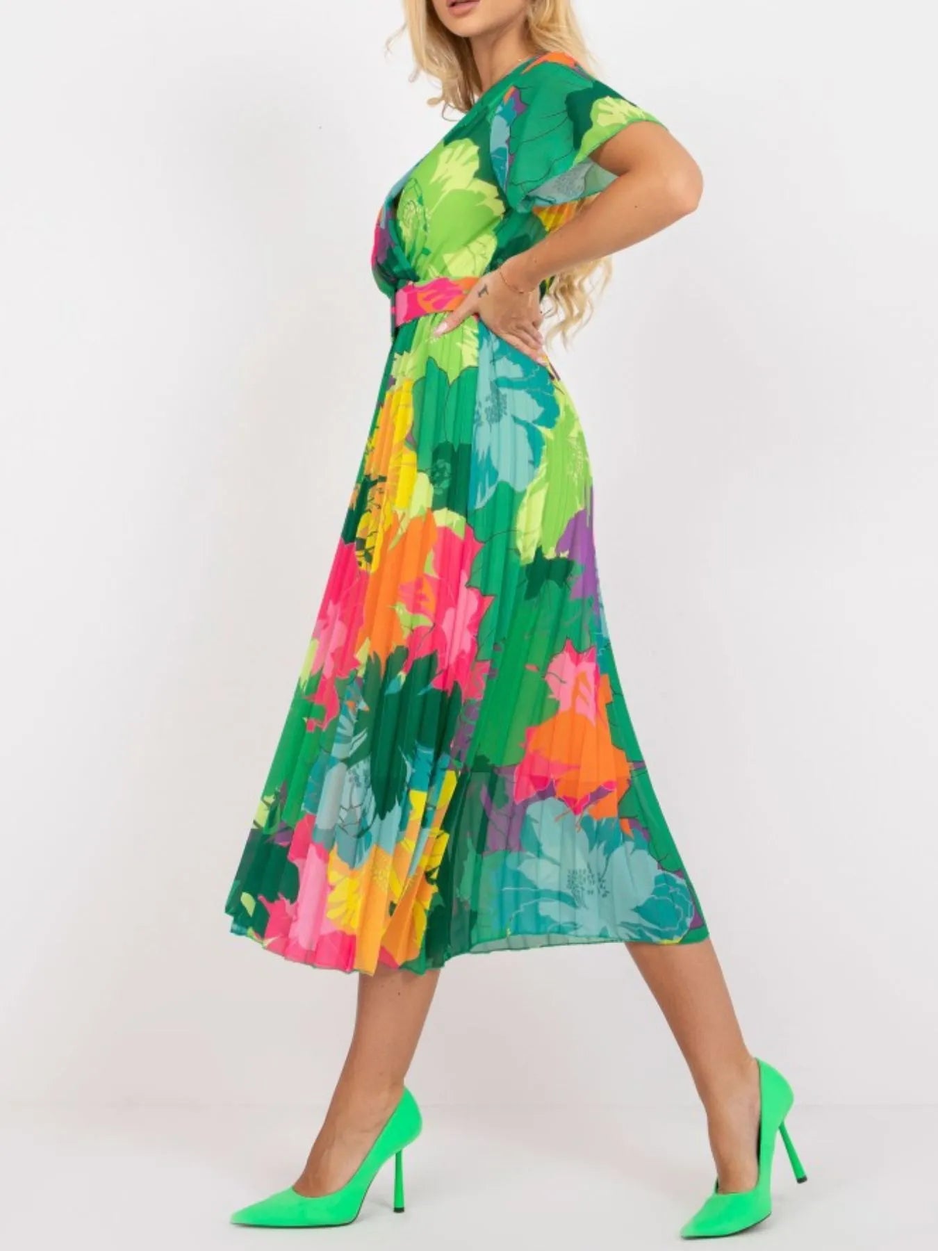 Printed Pleated Midi Wrap Dress with Belt - Premium Dresses from Trendsi - Just $32.99! Shop now at 5th & Barnett Online Boutique