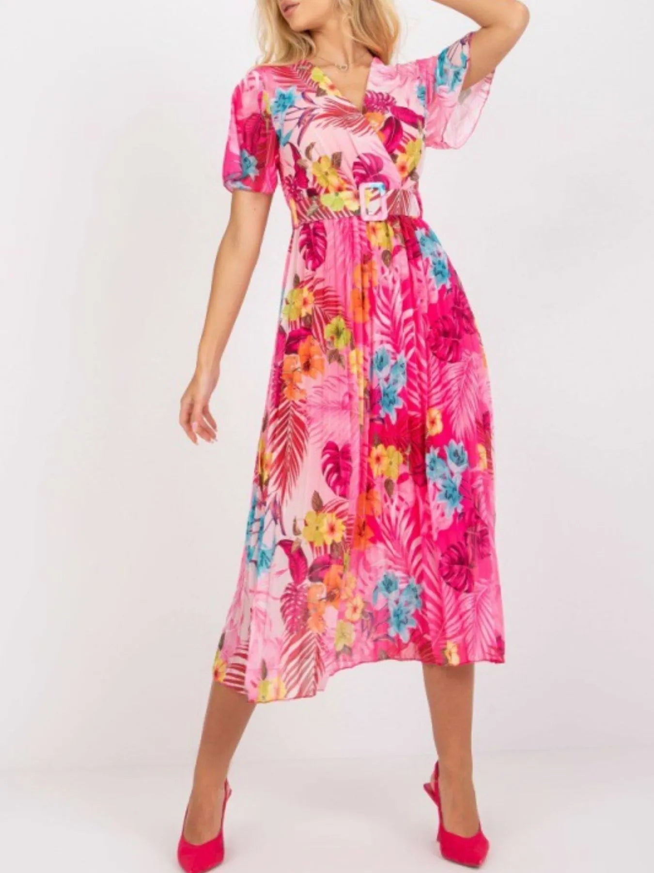 Printed Pleated Midi Wrap Dress with Belt - Premium Dresses from Trendsi - Just $32.99! Shop now at 5th & Barnett Online Boutique