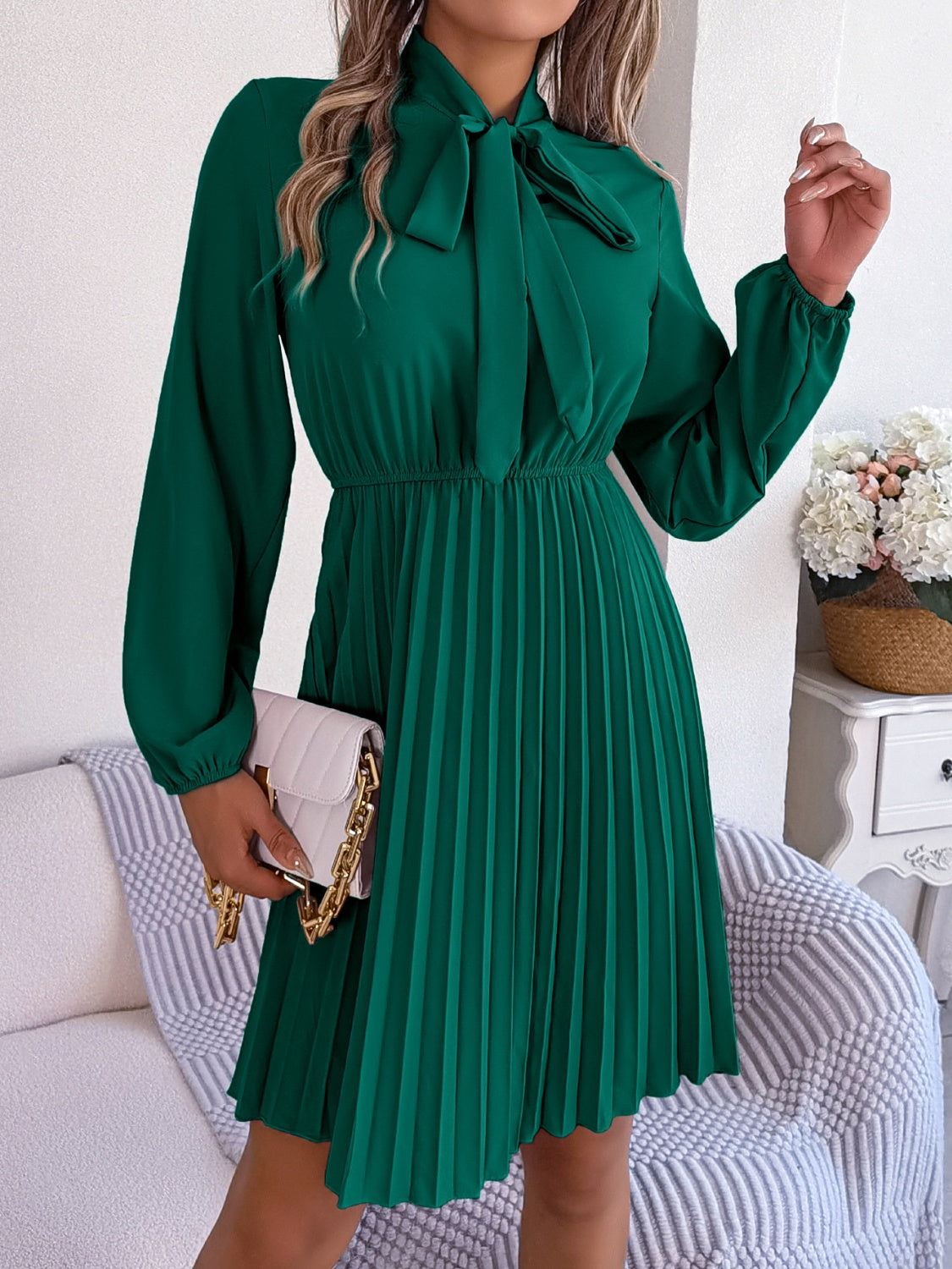 Tie Neck Balloon Sleeve Pleated Dress - Premium Women's Clothing from 5th & Barnett Online Boutique - Just $25.99! Shop now at 5th & Barnett Online Boutique