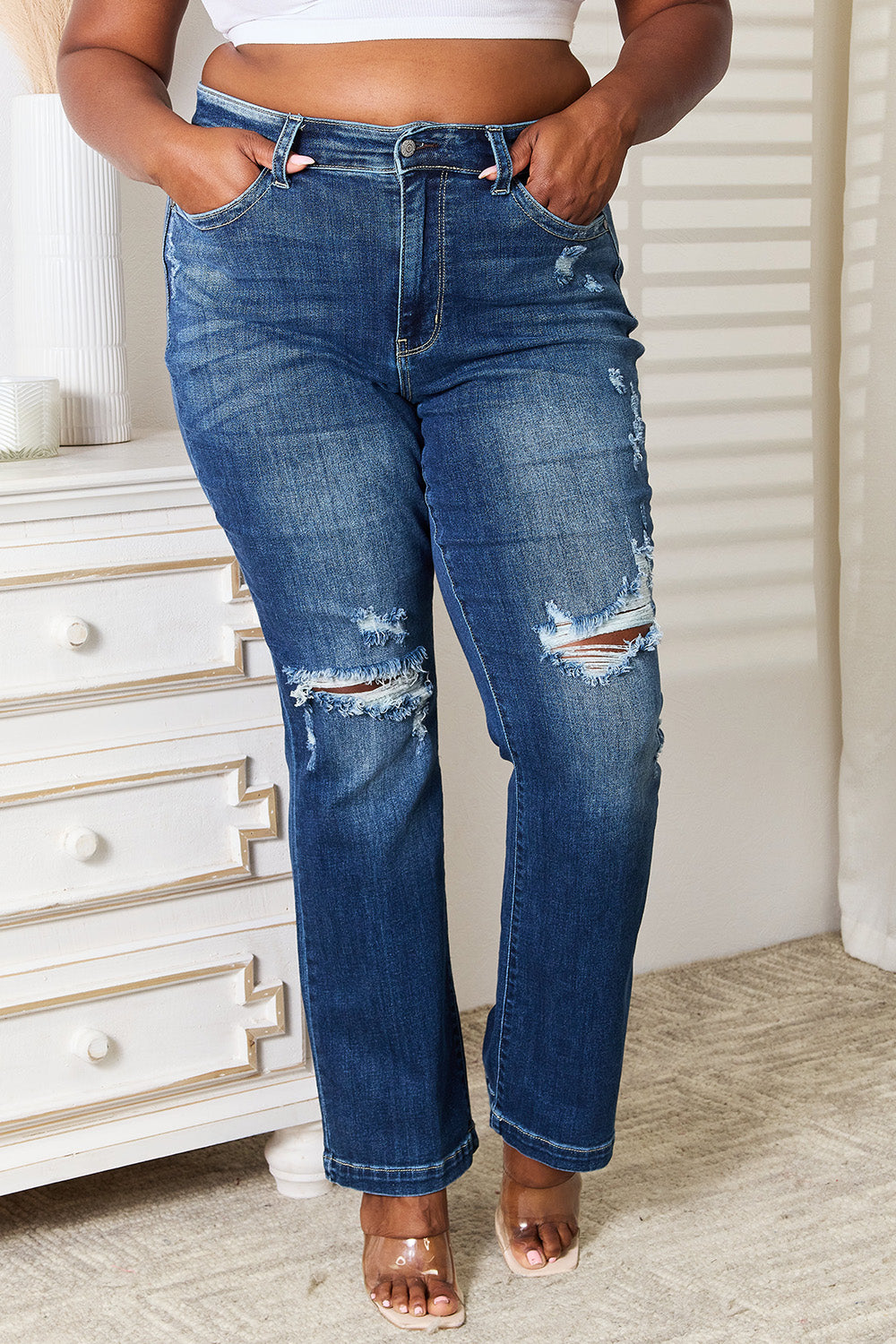 Judy Blue Full Size Mid Rise Hand Sand & Destroy Bootcut Jeans - Premium Jeans from Trendsi - Just $46.99! Shop now at 5th & Barnett Online Boutique