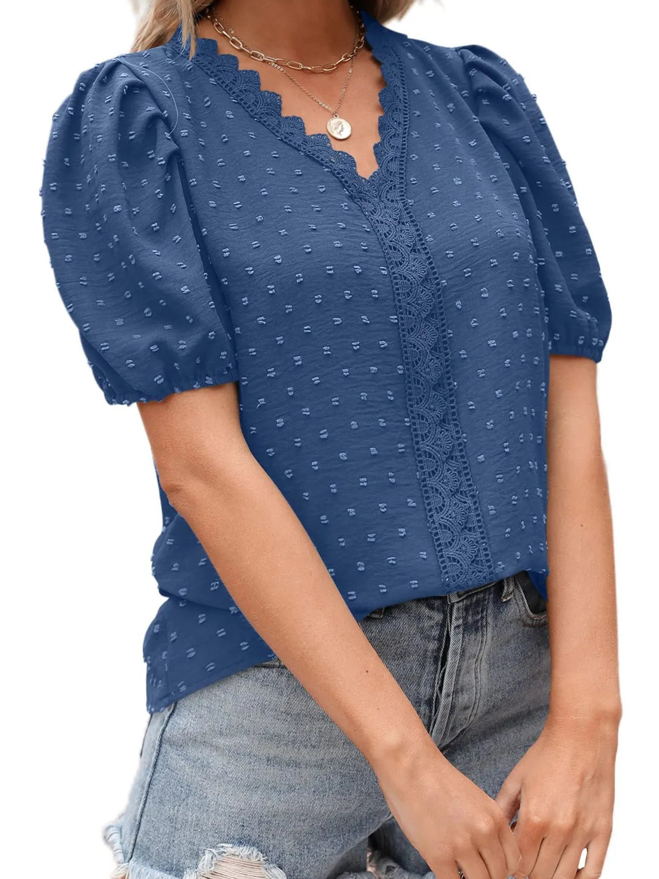 Puff Sleeve Swiss Dot Lace Trim Blouse - Premium Tops & Blouses from Trendsi - Just $22.99! Shop now at 5th & Barnett Online Boutique