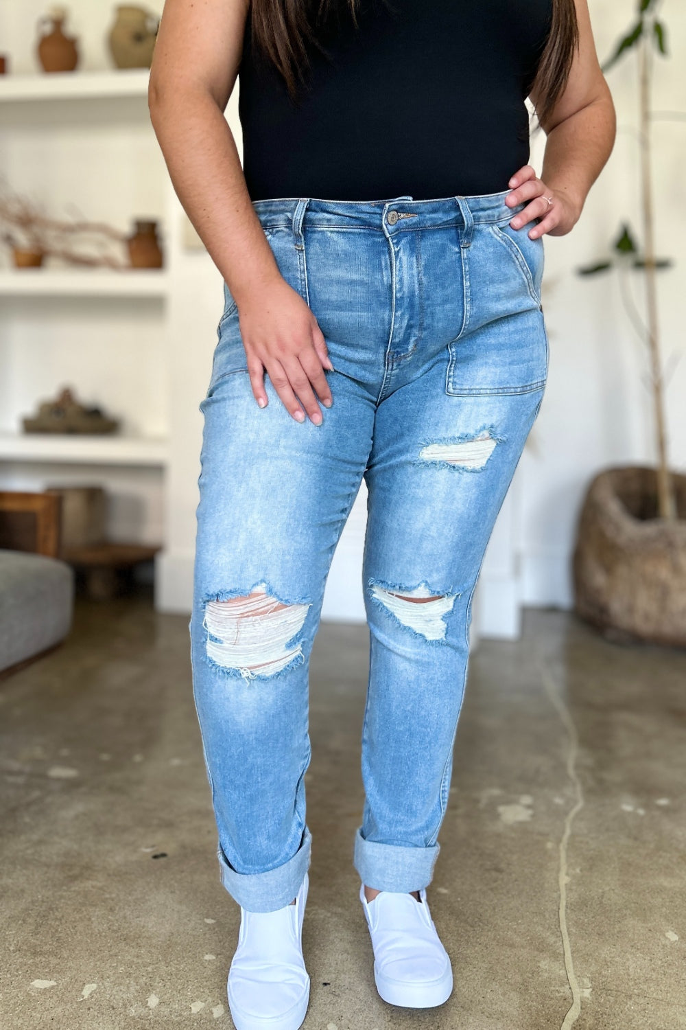 Judy Blue Distressed Straight Jeans with Patch Pockets - Premium Jeans from 5th & Barnett Online Boutique - Just $46.99! Shop now at 5th & Barnett Online Boutique
