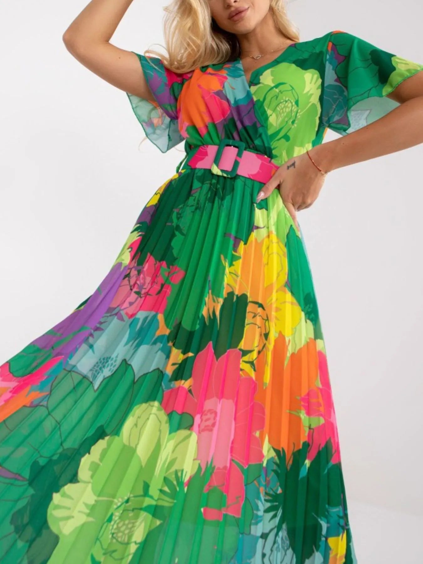 Printed Pleated Midi Wrap Dress with Belt - Premium Dresses from Trendsi - Just $32.99! Shop now at 5th & Barnett Online Boutique