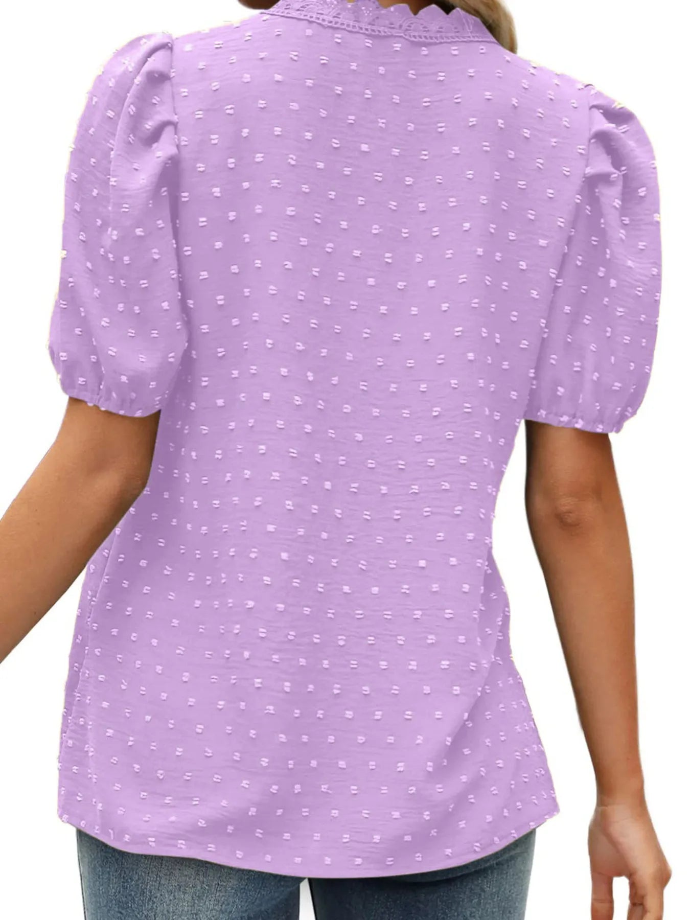 Puff Sleeve Swiss Dot Lace Trim Blouse - Premium Tops & Blouses from Trendsi - Just $22.99! Shop now at 5th & Barnett Online Boutique
