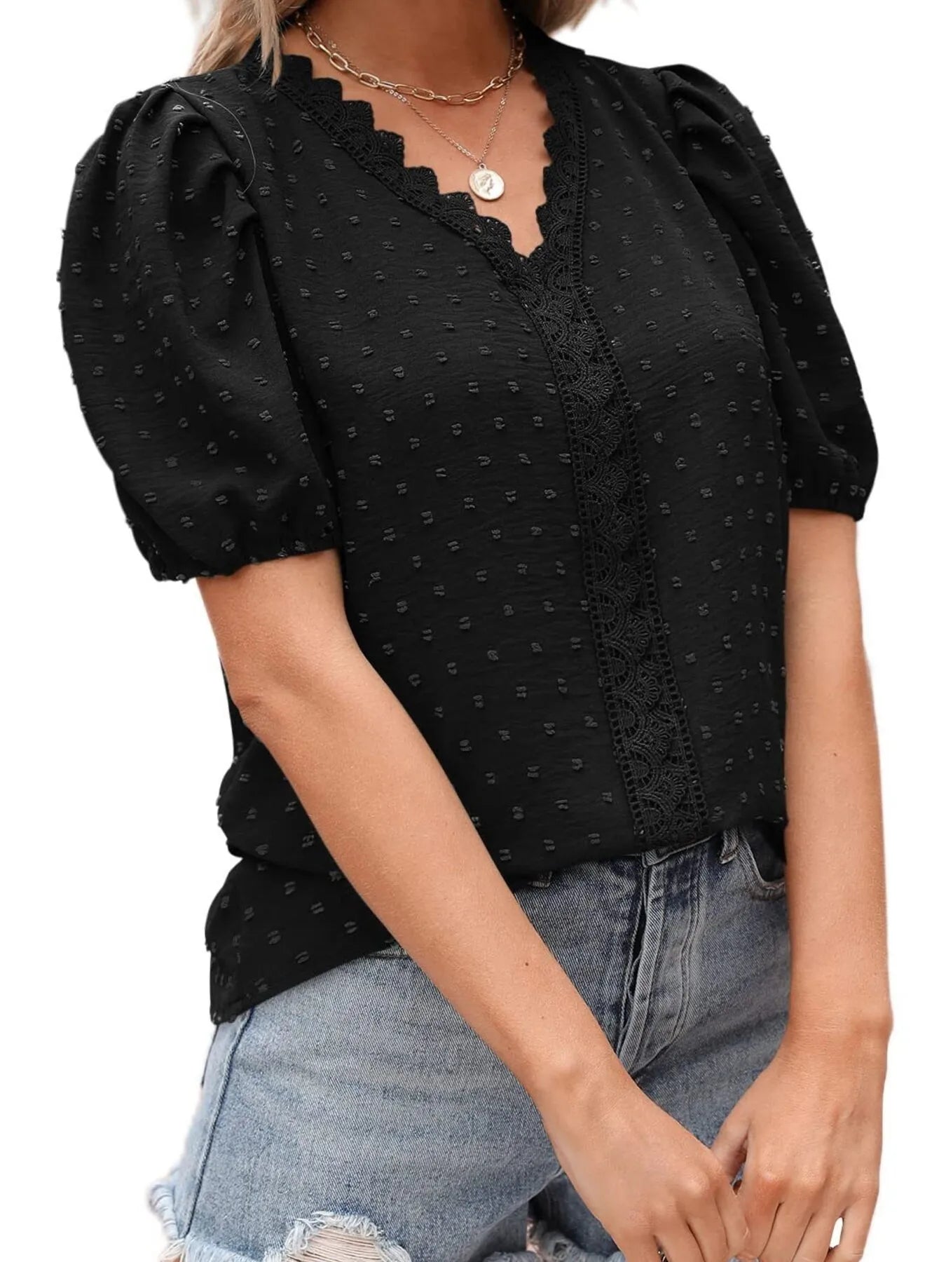 Puff Sleeve Swiss Dot Lace Trim Blouse - Premium Tops & Blouses from Trendsi - Just $22.99! Shop now at 5th & Barnett Online Boutique
