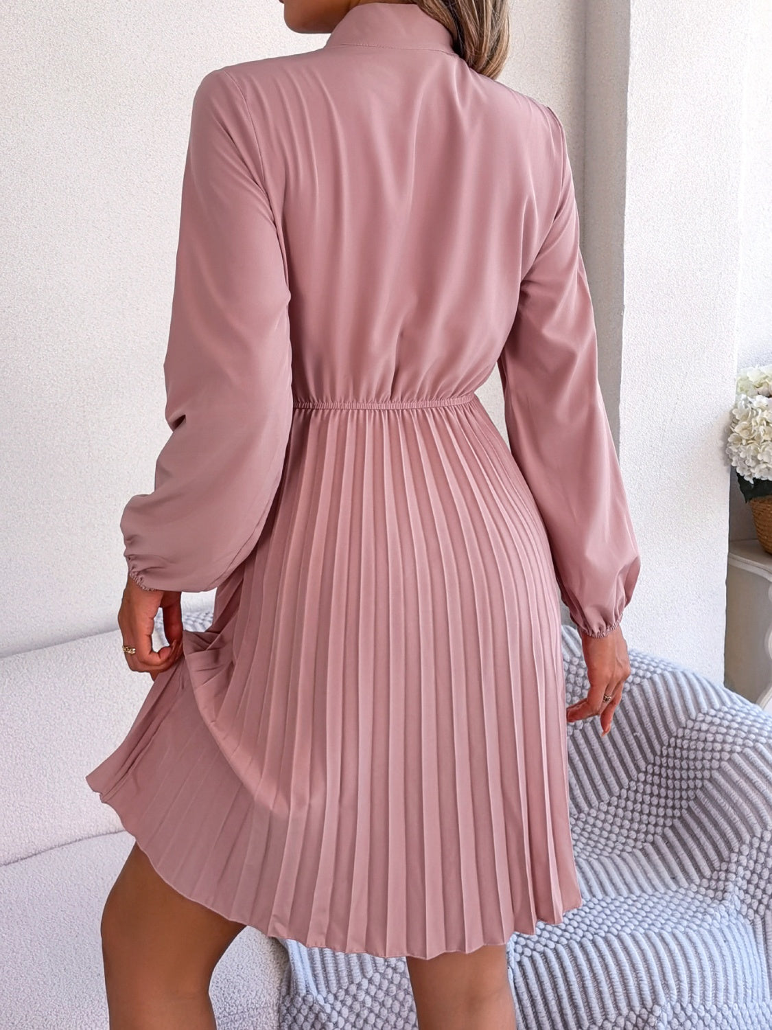 Tie Neck Balloon Sleeve Pleated Dress - Premium Women's Clothing from 5th & Barnett Online Boutique - Just $25.99! Shop now at 5th & Barnett Online Boutique