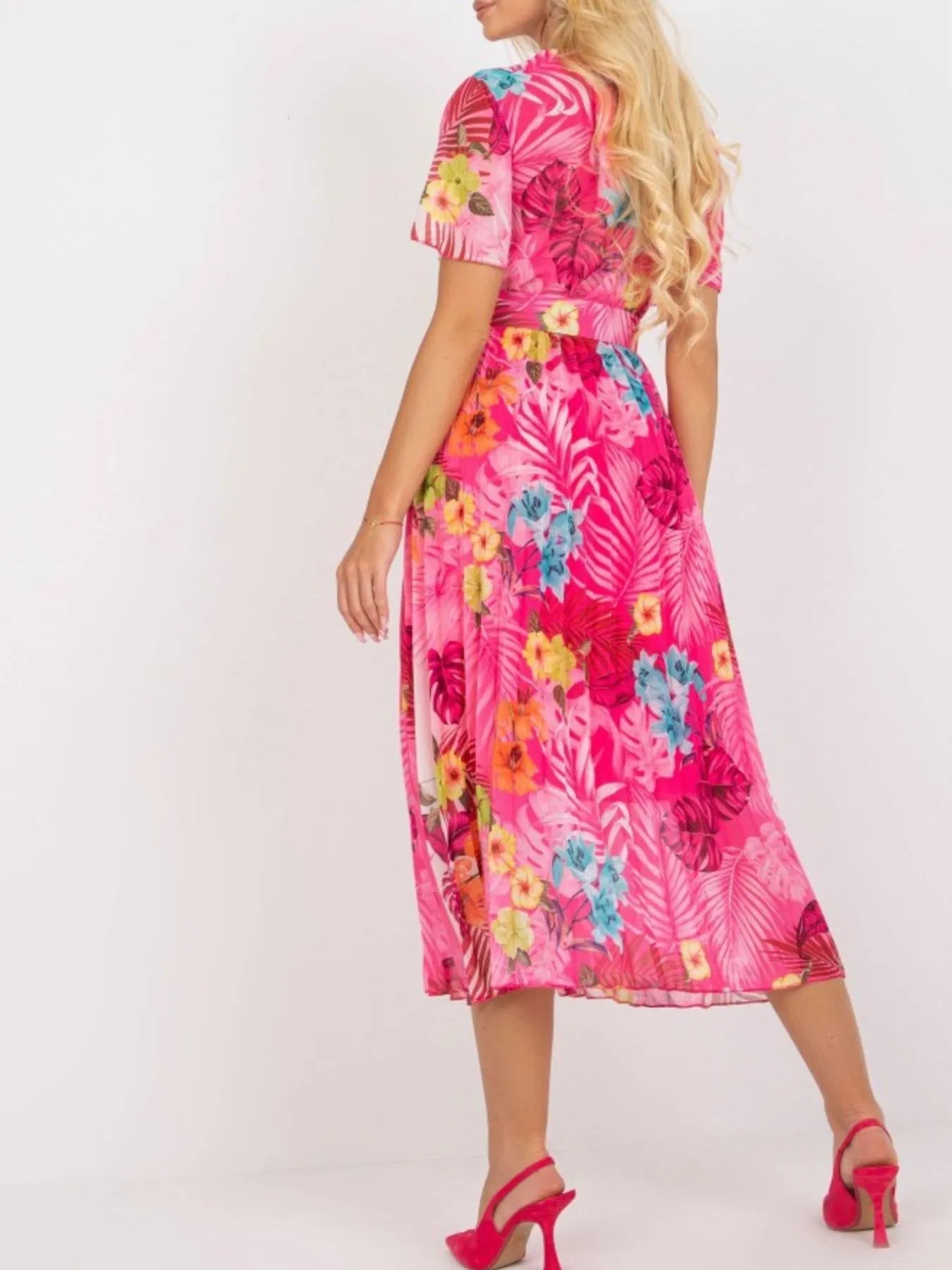 Printed Pleated Midi Wrap Dress with Belt - Premium Dresses from Trendsi - Just $32.99! Shop now at 5th & Barnett Online Boutique