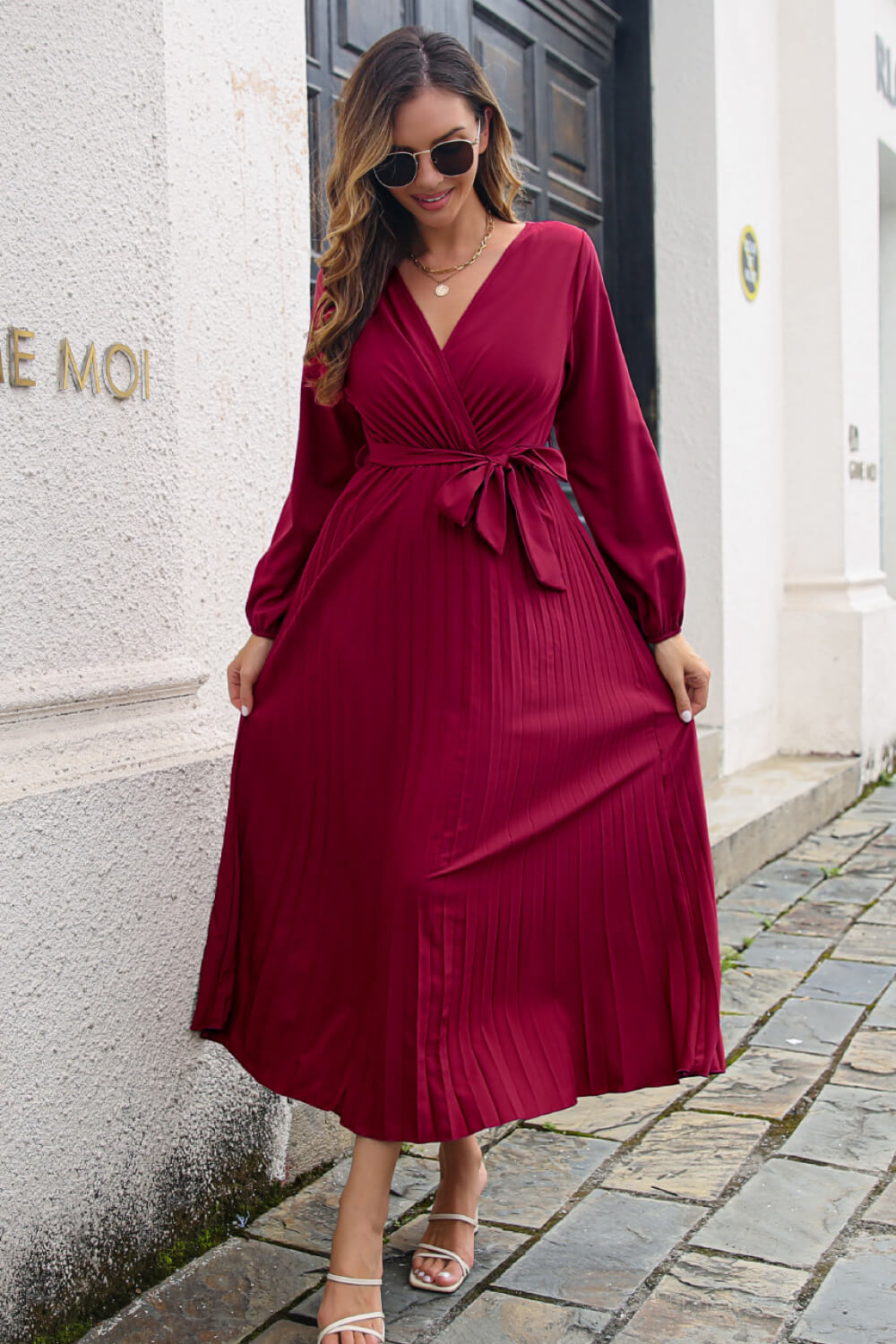 Pleated Long Sleeve Surplice Maxi Dress - Premium Dresses from 5th & Barnett Creative Fashions - Just $42.99! Shop now at 5th & Barnett Creative Fashions