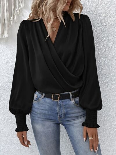 Surplice Smocked Lantern Sleeve Blouse - Premium from 5th & Barnett Creative Fashions - Just $22.99! Shop now at