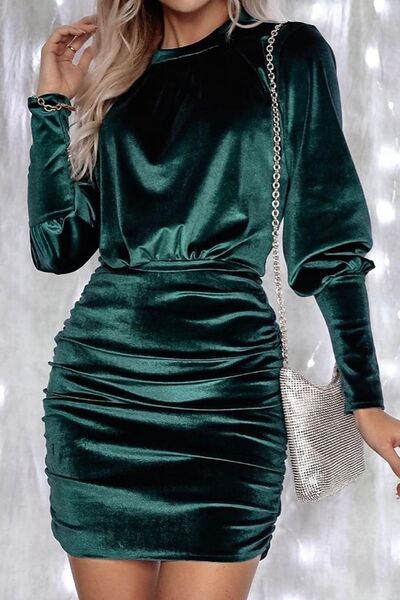 Ruched Round Neck Lantern Sleeve Mini Dress - Premium from 5th & Barnett Creative Fashions - Just $54.99! Shop now at 5th & Barnett Creative Fashions