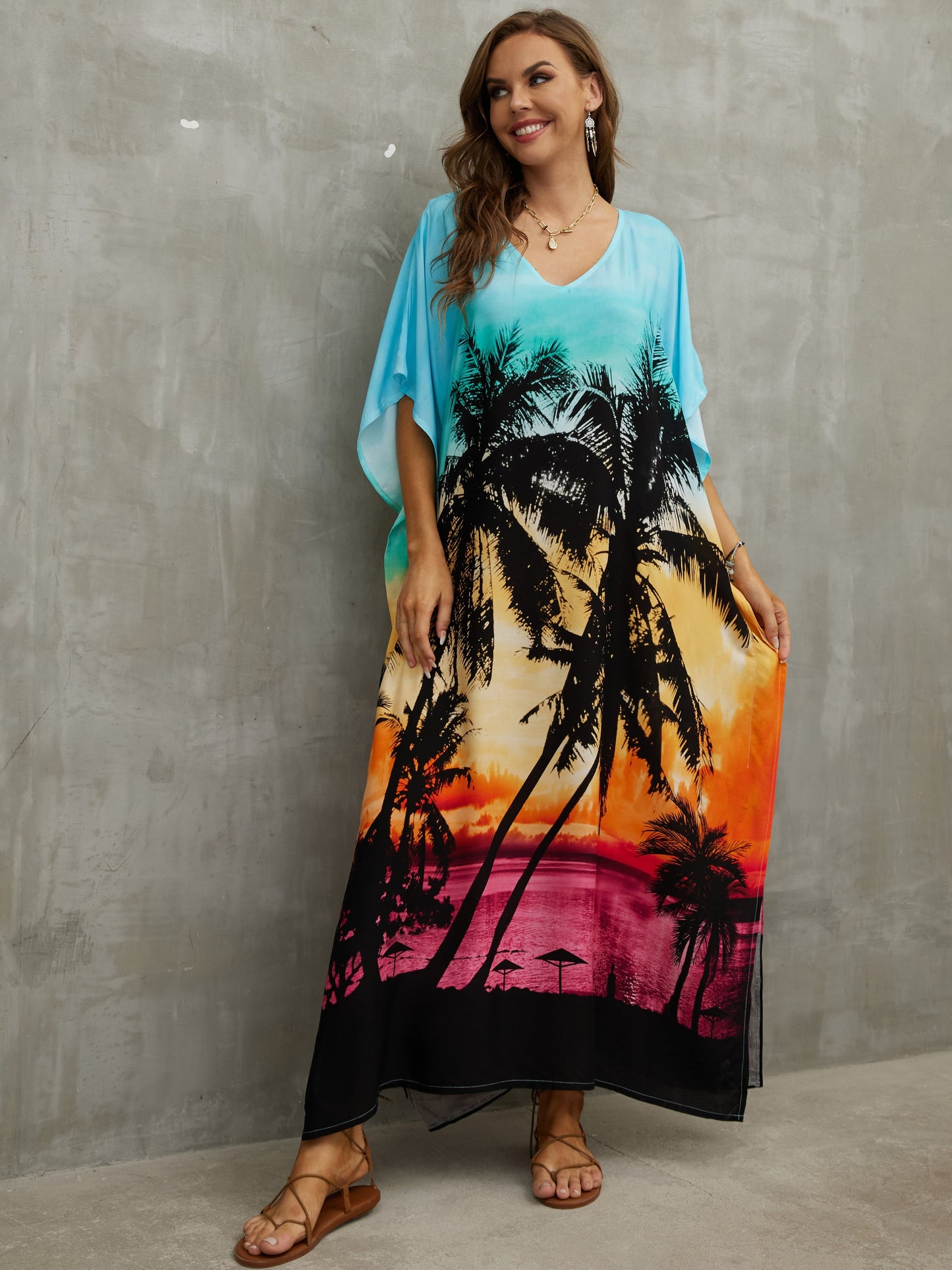 2023 V Neck Boho Print Loose Kaftan Batwing Sleeve Side Slit Summer Vacation Maxi Dress Women Beachwear Swimsuit Cover-ups Q1464 - Premium Women's Clothing from 5th & Barnett Creative Fashions - Just $26.99! Shop now at 5th & Barnett Creative Fashions