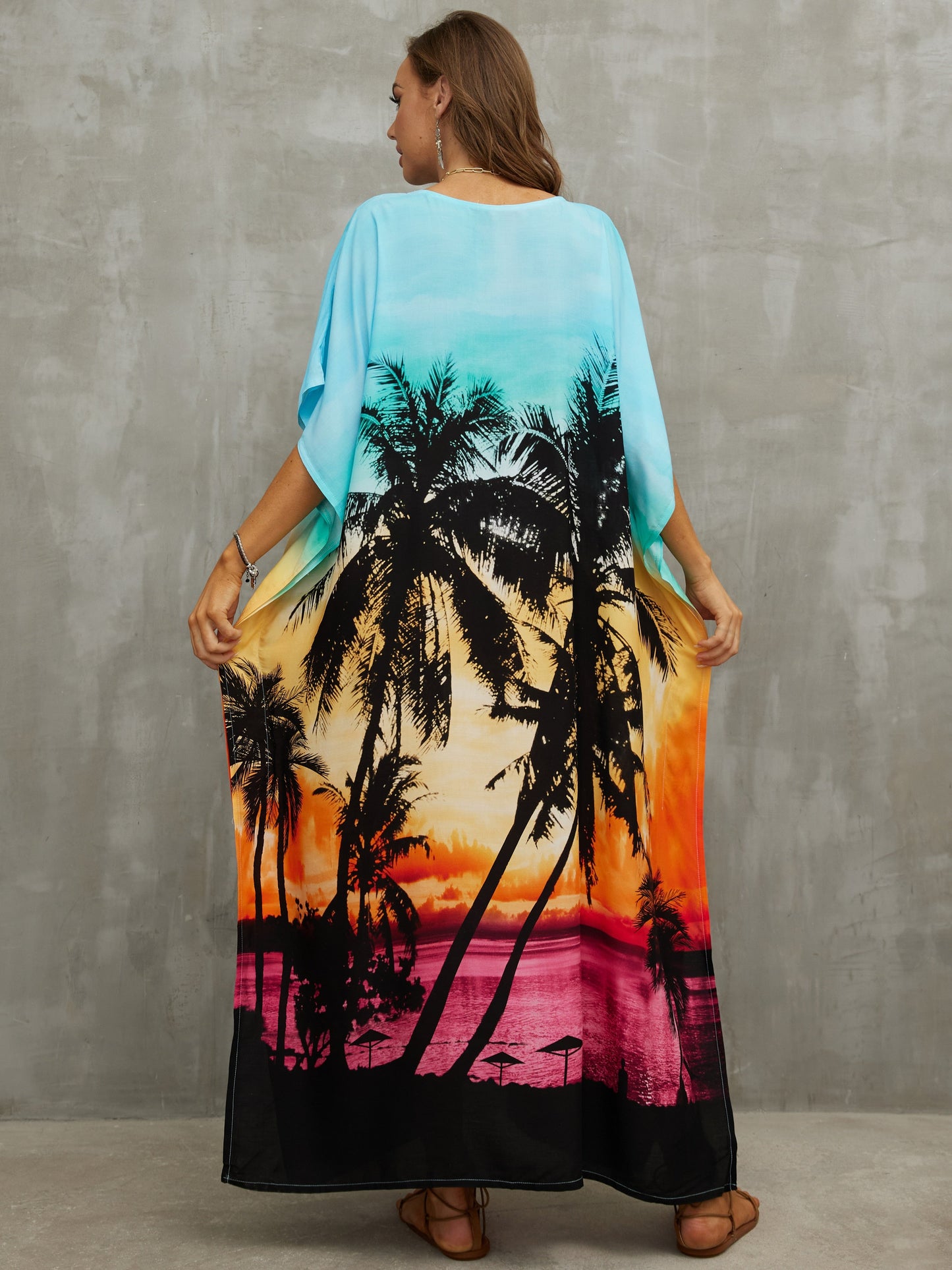 2023 V Neck Boho Print Loose Kaftan Batwing Sleeve Side Slit Summer Vacation Maxi Dress Women Beachwear Swimsuit Cover-ups Q1464 - Premium Women's Clothing from 5th & Barnett Creative Fashions - Just $26.99! Shop now at 5th & Barnett Creative Fashions