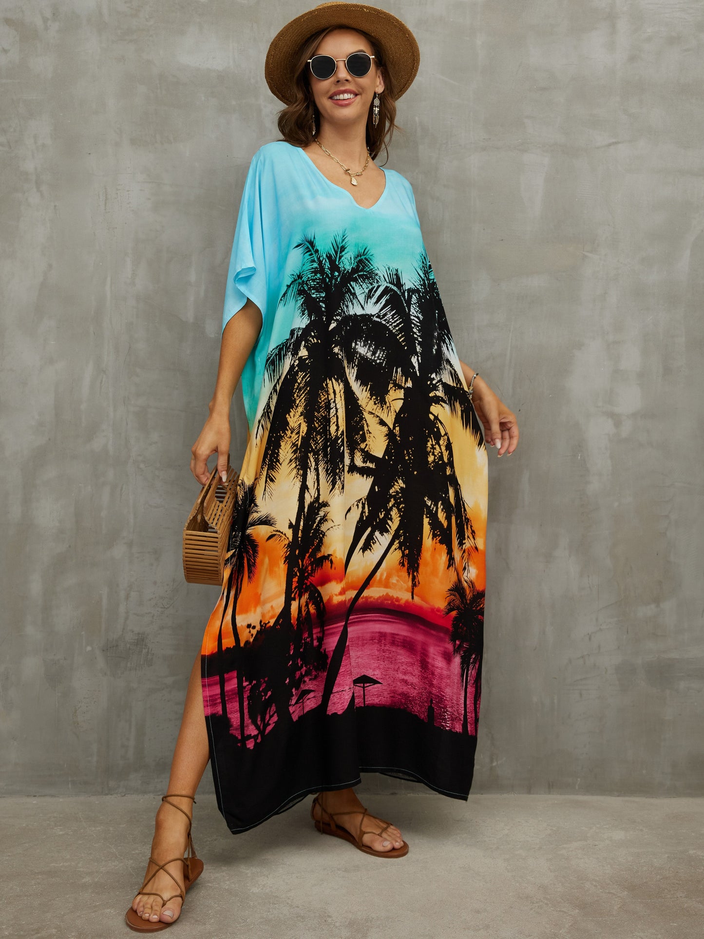 2023 V Neck Boho Print Loose Kaftan Batwing Sleeve Side Slit Summer Vacation Maxi Dress Women Beachwear Swimsuit Cover-ups Q1464 - Premium Women's Clothing from 5th & Barnett Creative Fashions - Just $26.99! Shop now at 5th & Barnett Creative Fashions