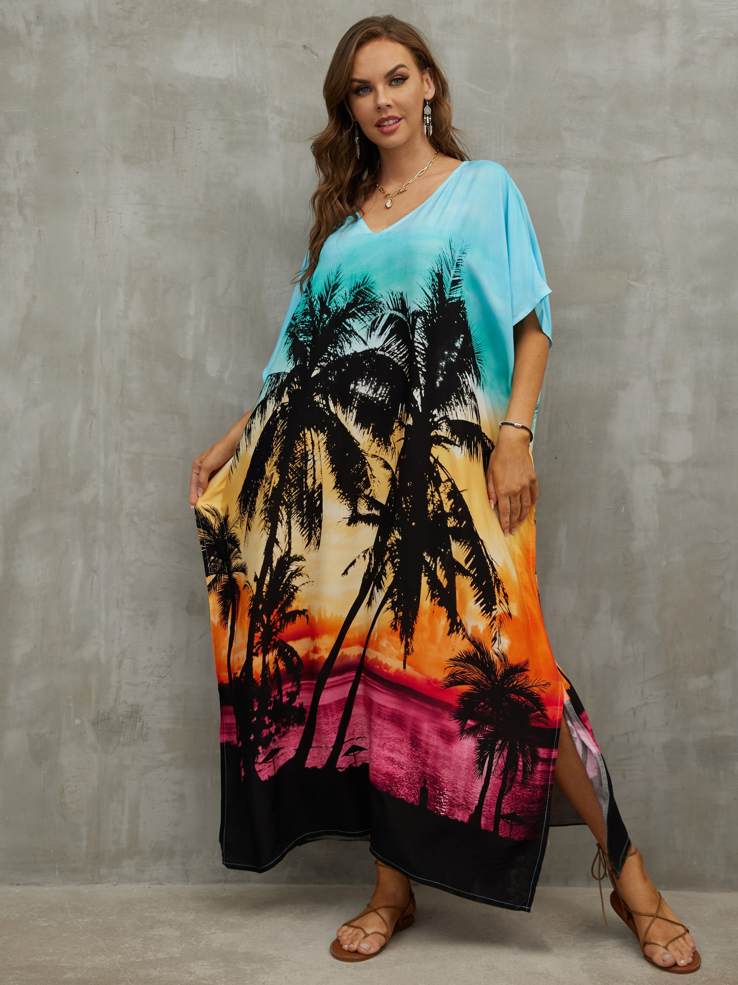 2023 V Neck Boho Print Loose Kaftan Batwing Sleeve Side Slit Summer Vacation Maxi Dress Women Beachwear Swimsuit Cover-ups Q1464 - Premium Women's Clothing from 5th & Barnett Creative Fashions - Just $25.35! Shop now at 5th & Barnett Creative Fashions