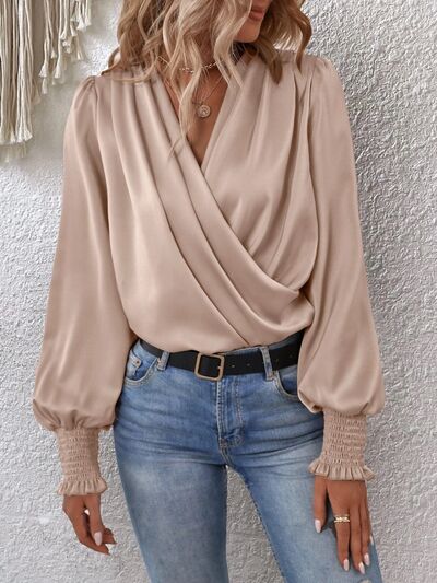 Surplice Smocked Lantern Sleeve Blouse - Premium from 5th & Barnett Creative Fashions - Just $22.99! Shop now at